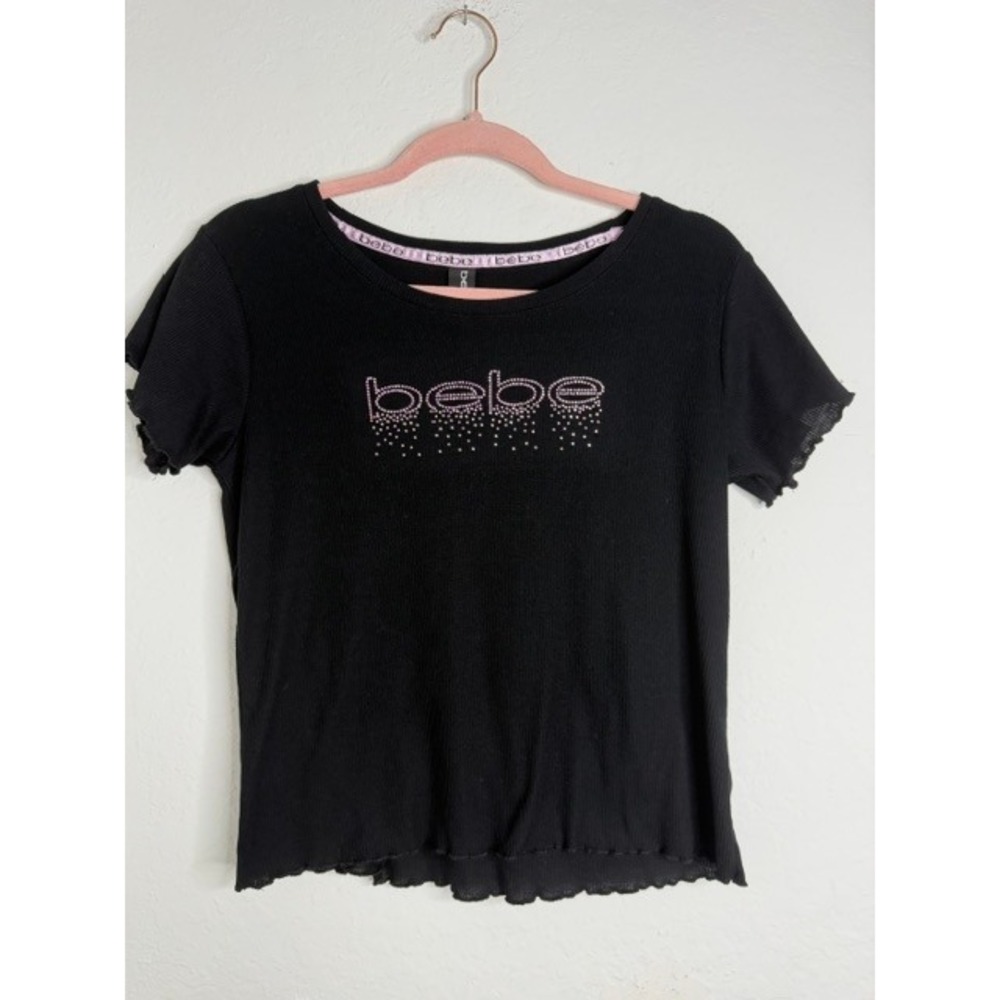 Bebe Sleepwear Black Ribbed Rhinestone Logo Top Short Sleeve Lettuce Trim Medium